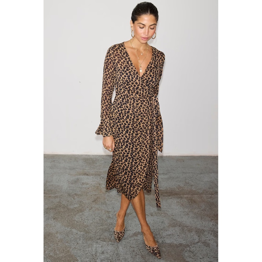 Never Fully Dressed Leopard Lucia Sheer Wrap Dress Brown NL28459 US 4 NEW‎